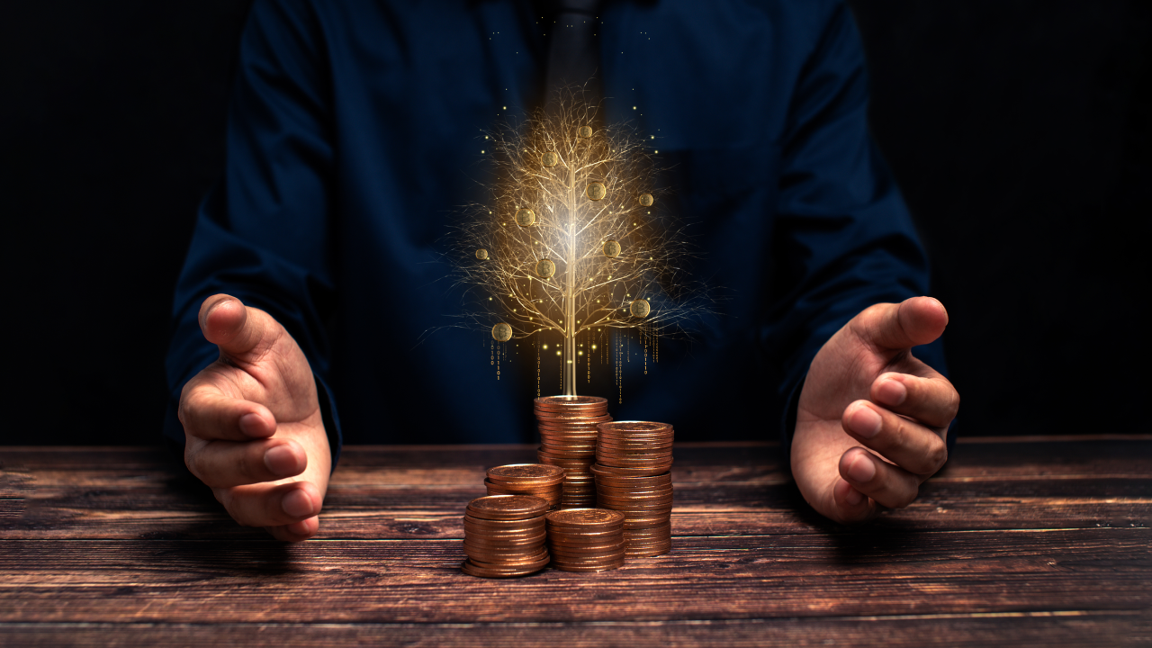 Un homme, qui fait une pyramide avec l'argent qu'il a investi