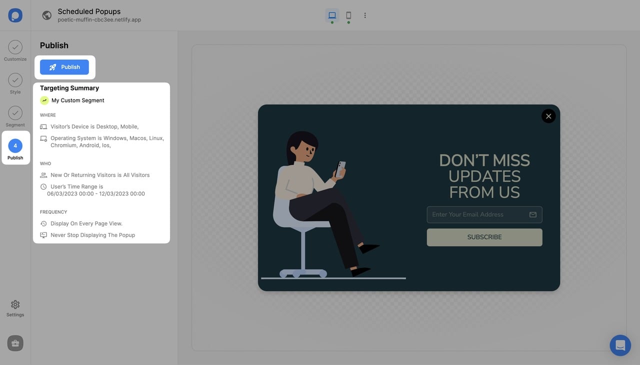 zamanlanmış açılır pencerenin yayınlama adımı