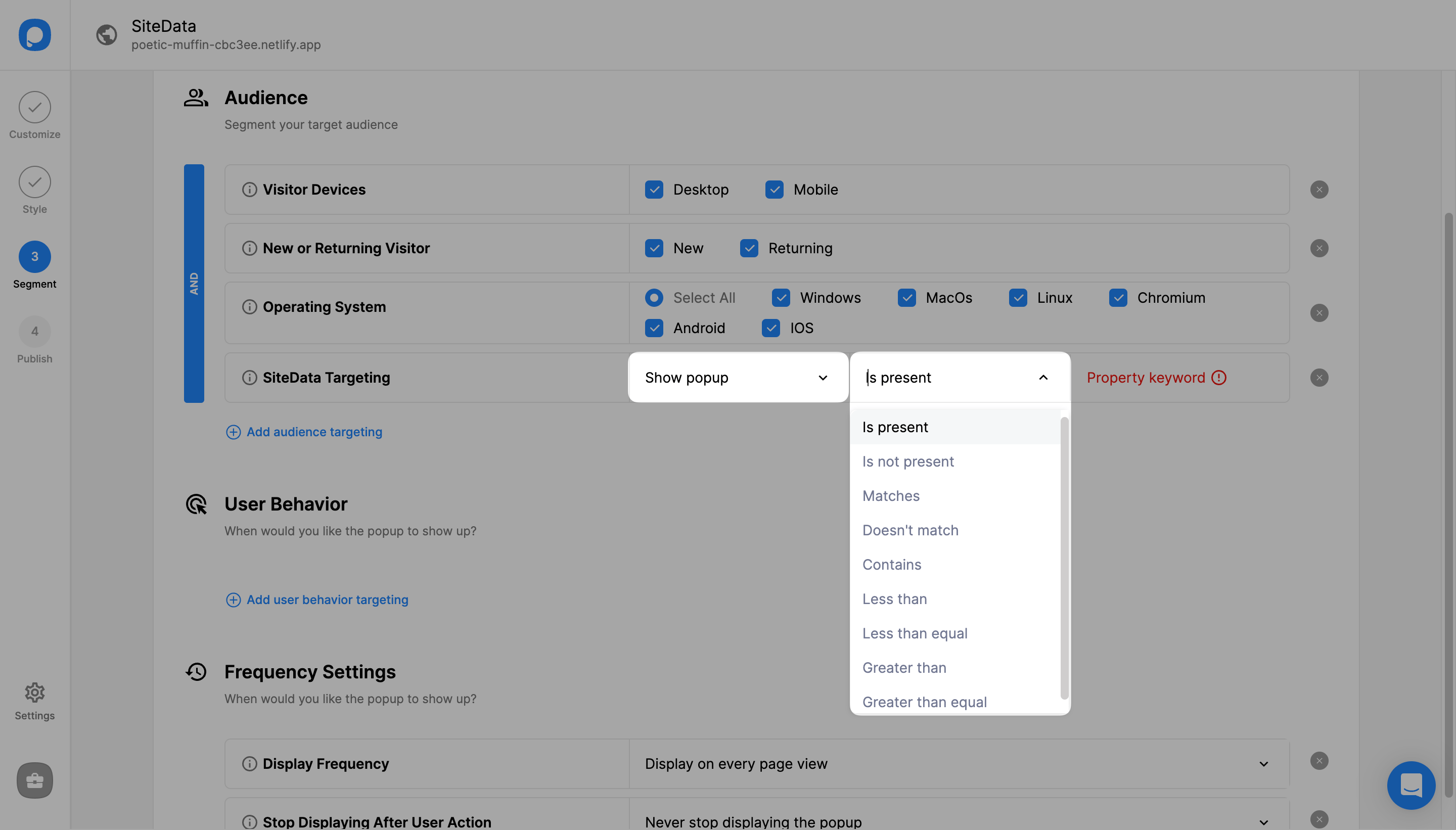 sitedata popup'ını göster veya gizle