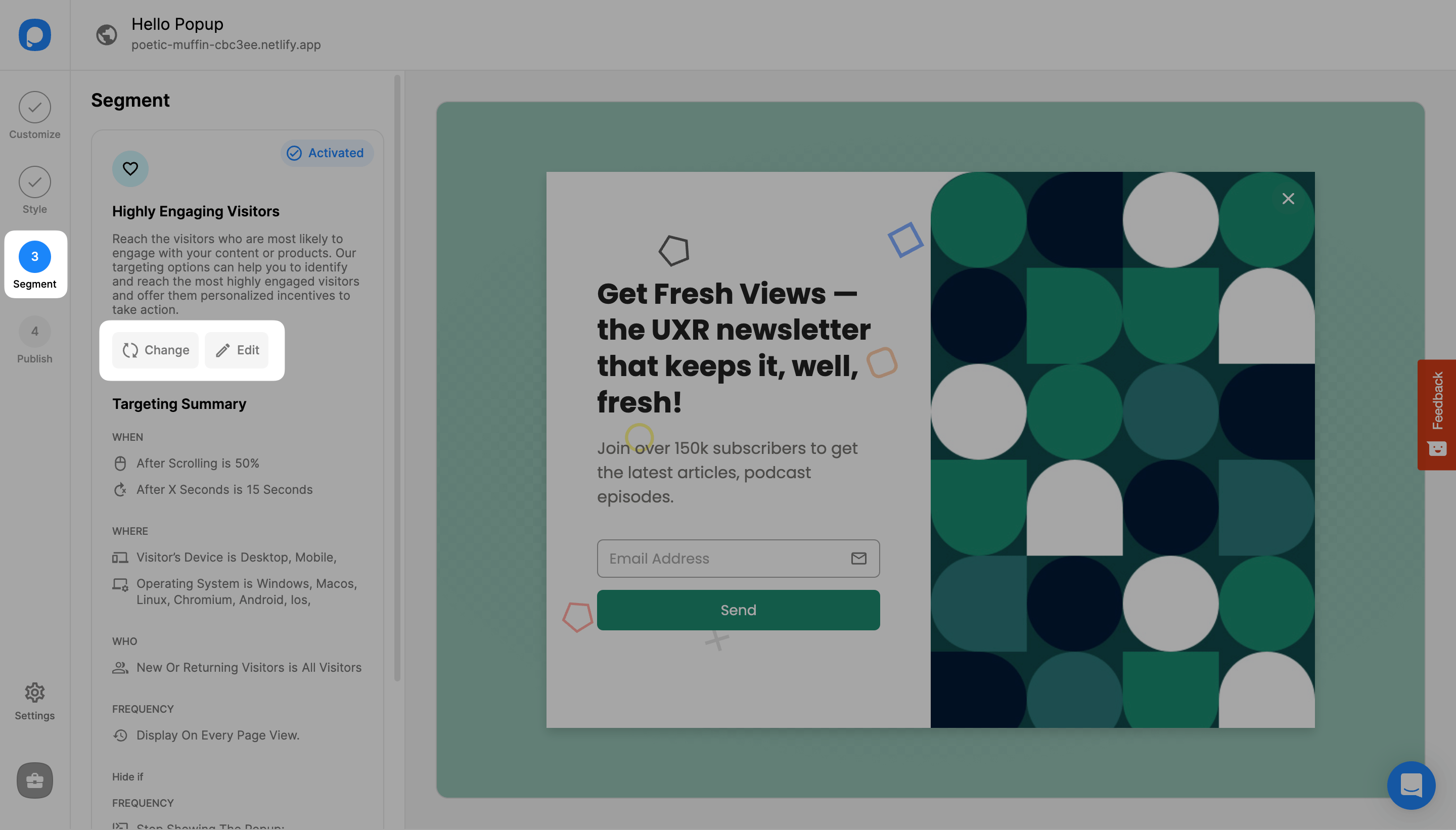 segment düzenleme adımı popup oluşturucu