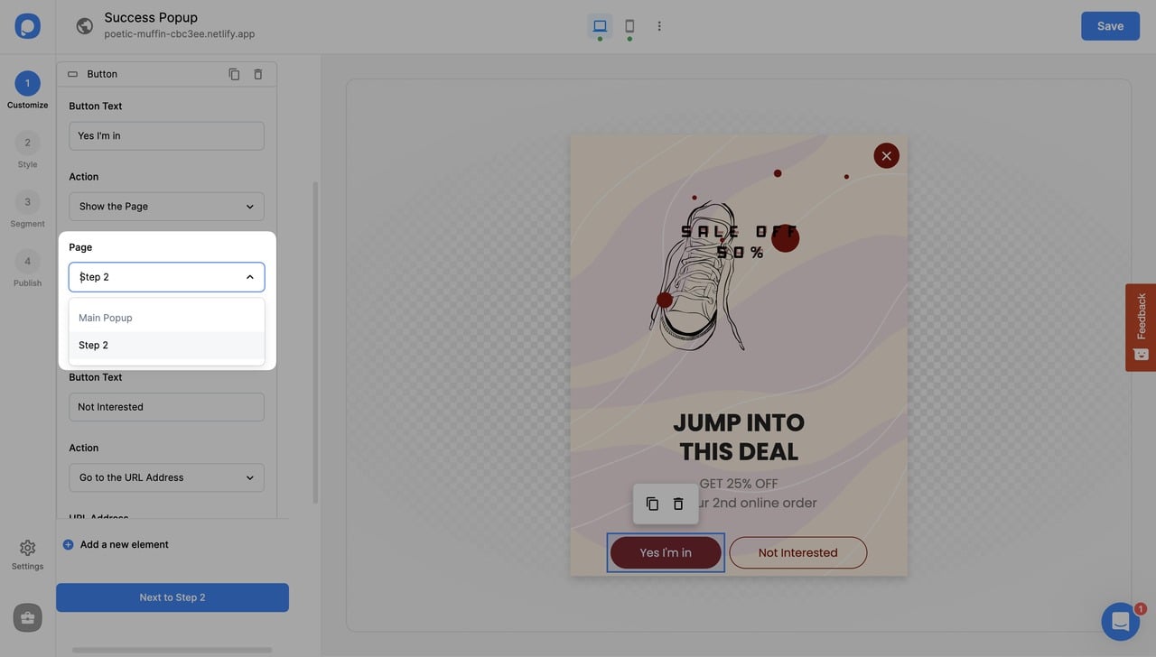ana popup'ın sayfa adımı
