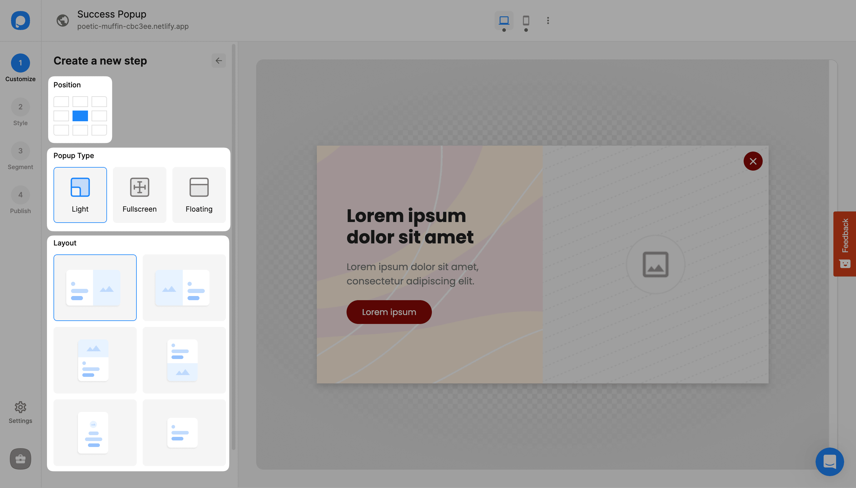 başarı popup'ının özelleştirme adımları