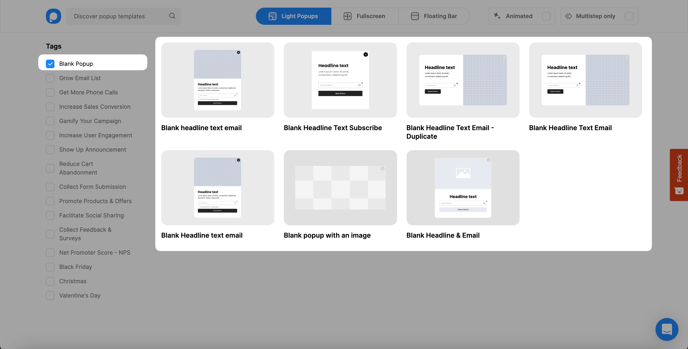 boş popup şablonu seçimi