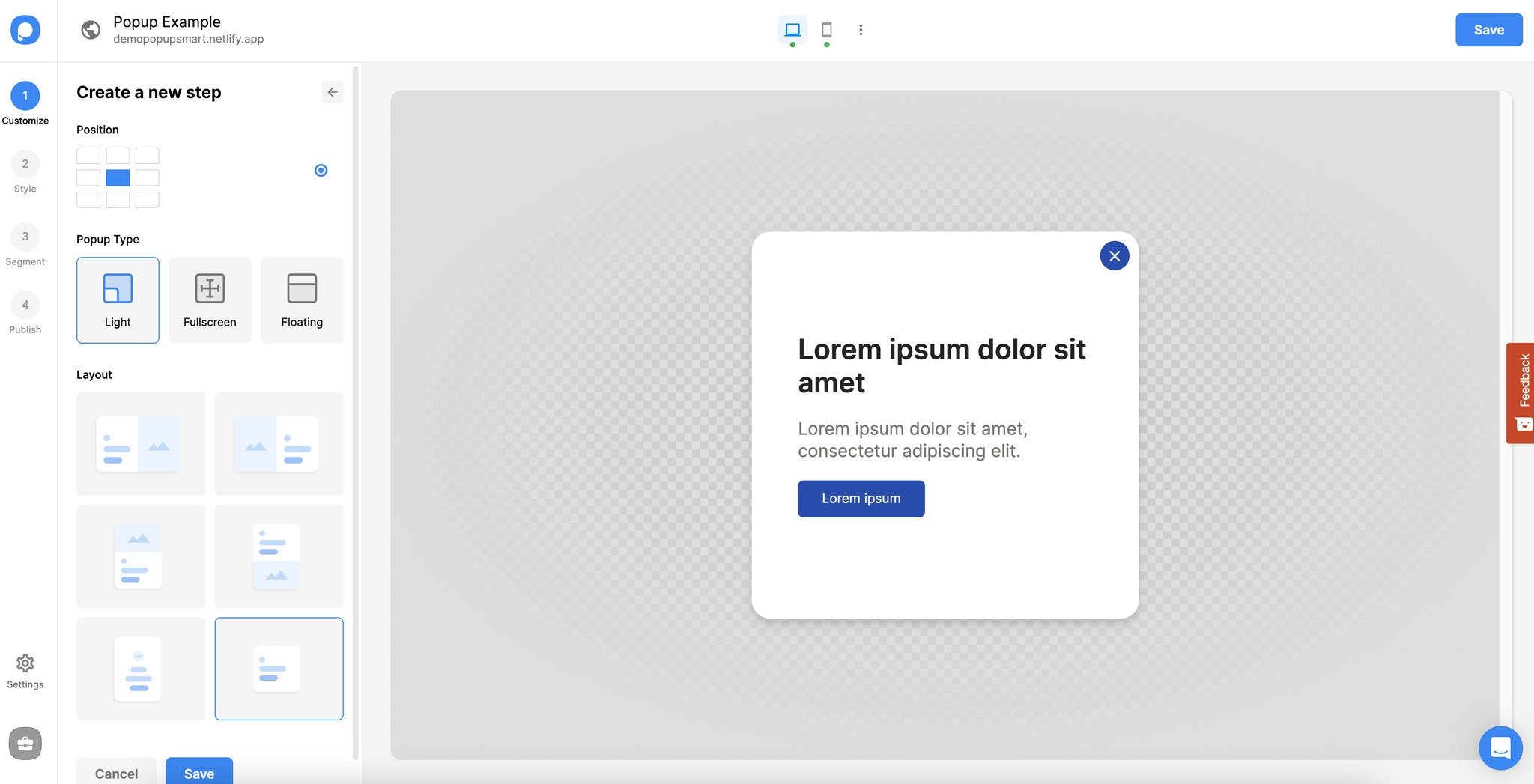 yeni adım ekleme ve popup tipi düzeni seçme