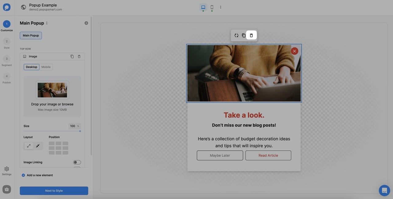 popup'tan görsel silme