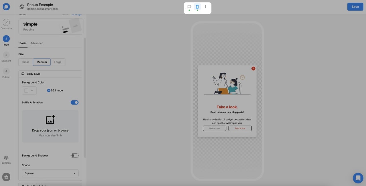 lottie popup'ın mobil görünümünü görme