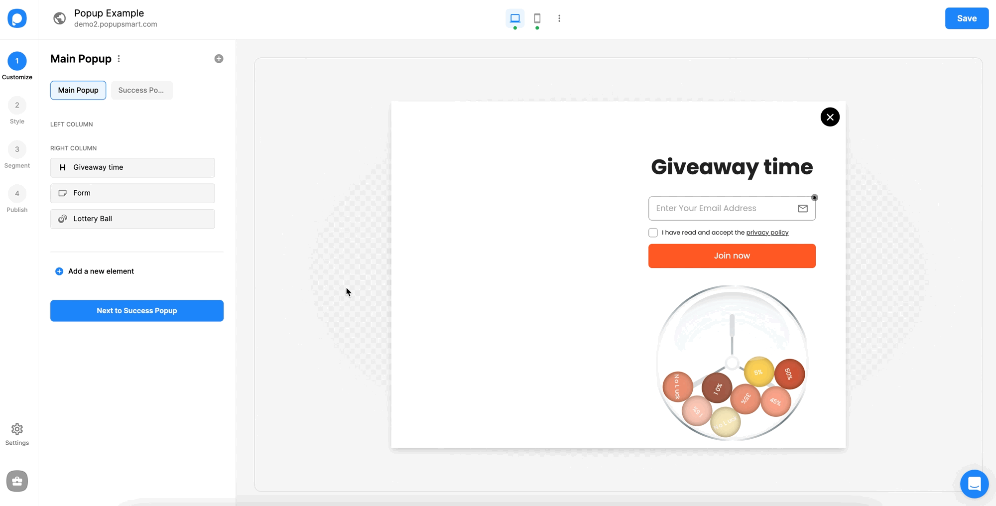 Loto öğesini sol sütuna sürükleme