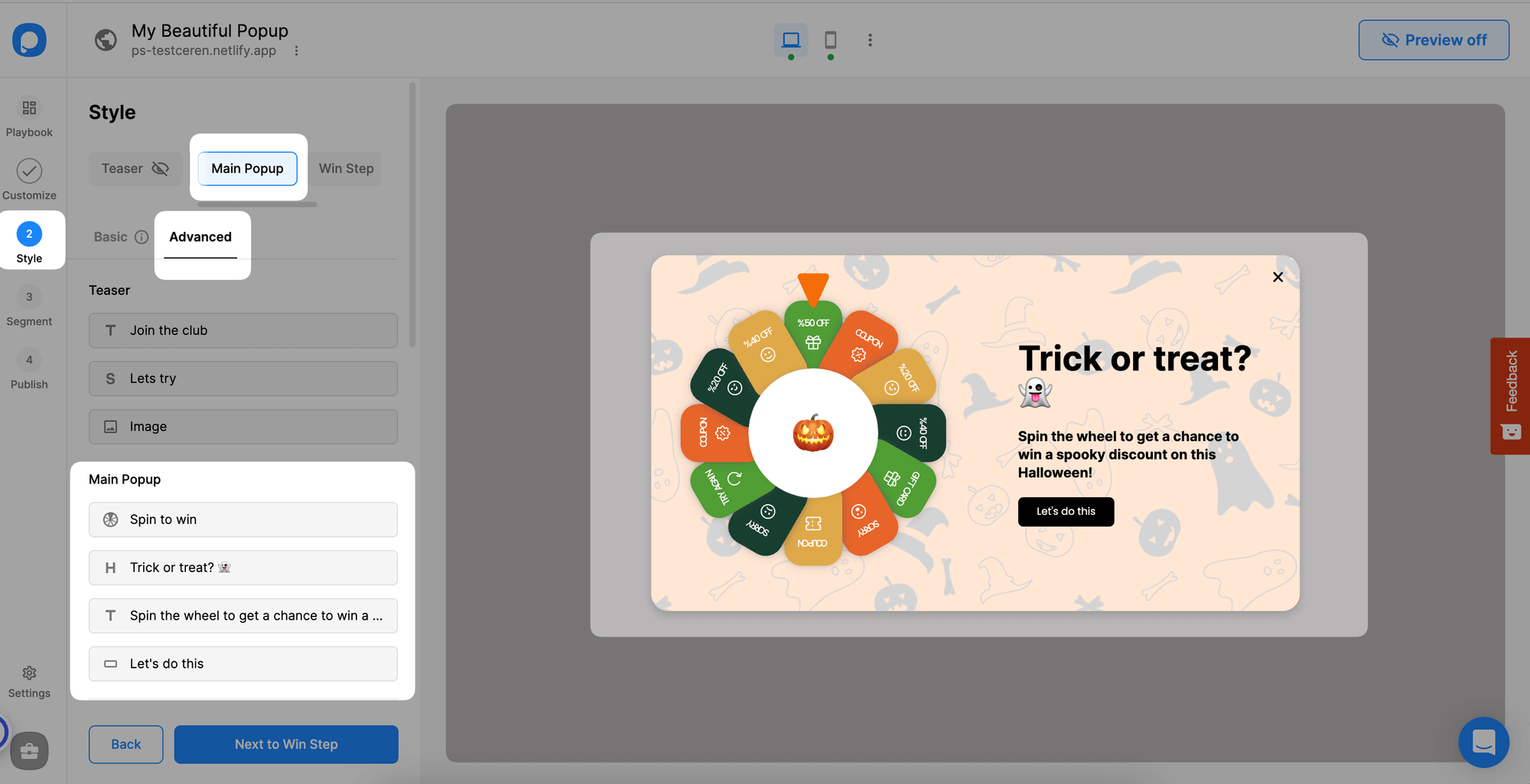 popup'ın gelişmiş bölümü