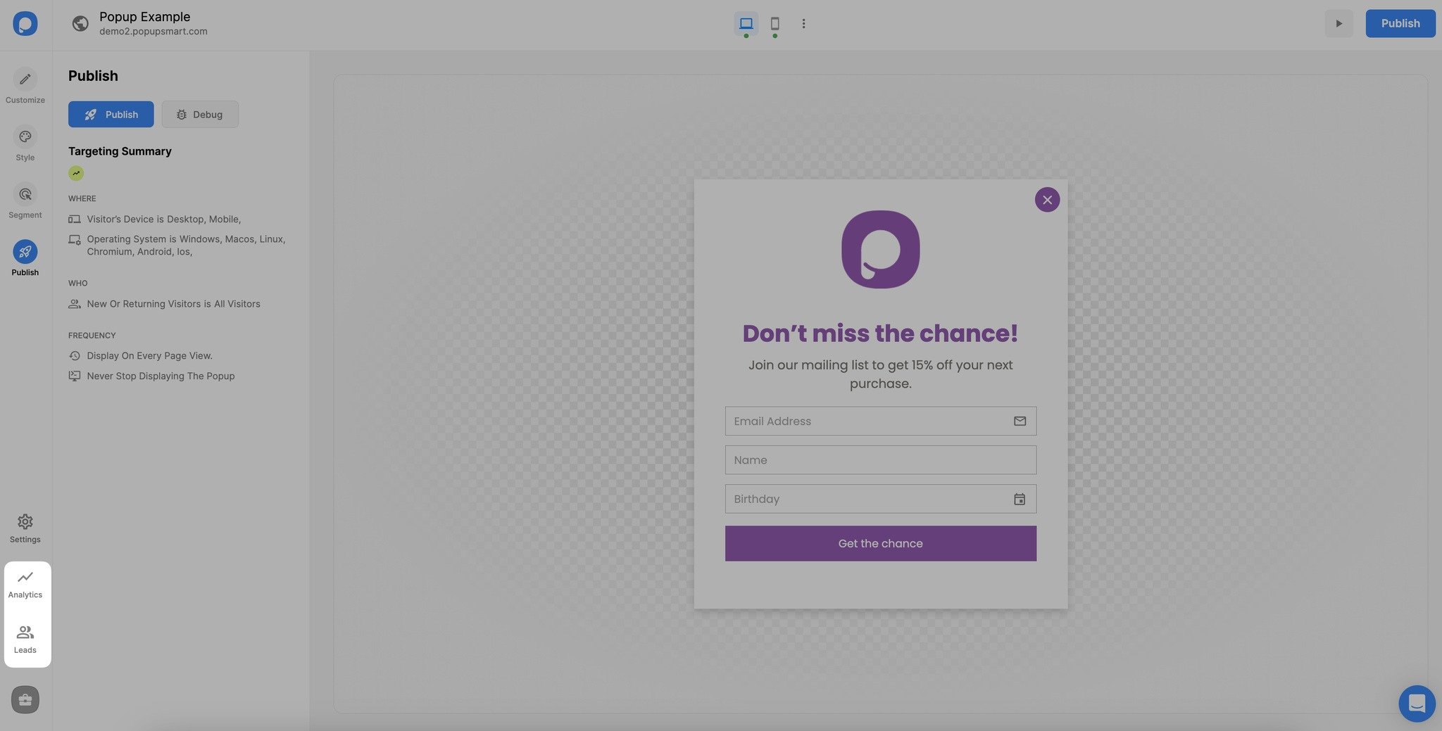 kampanya oluşturucuda analiz ve leads simgeleri