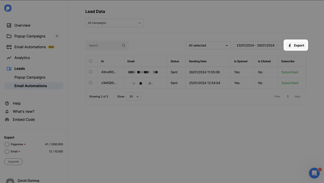 lead dışa aktarma için dışa aktar butonu