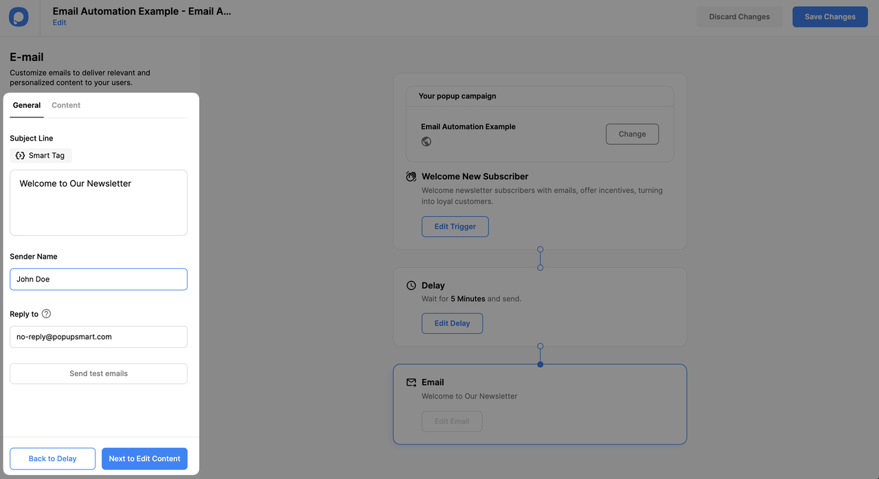 general settings of the email autoresponder