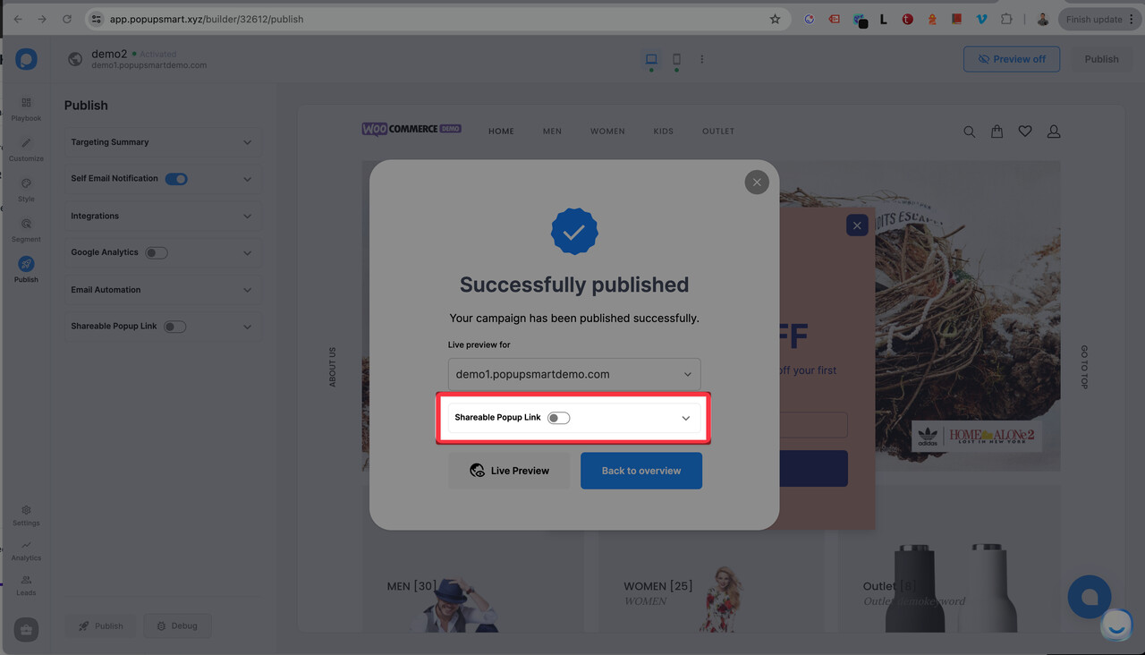 selecting shareable popup link
