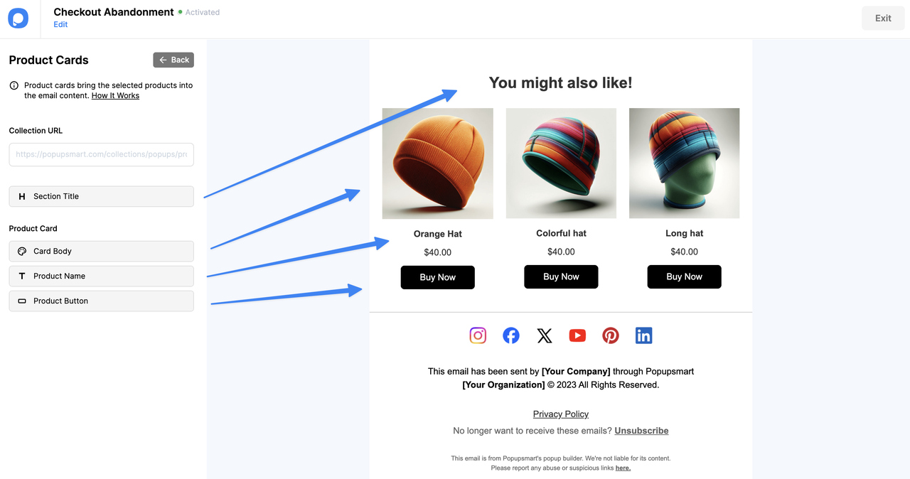 E-posta içeriğinde Ürün Kartları elementi