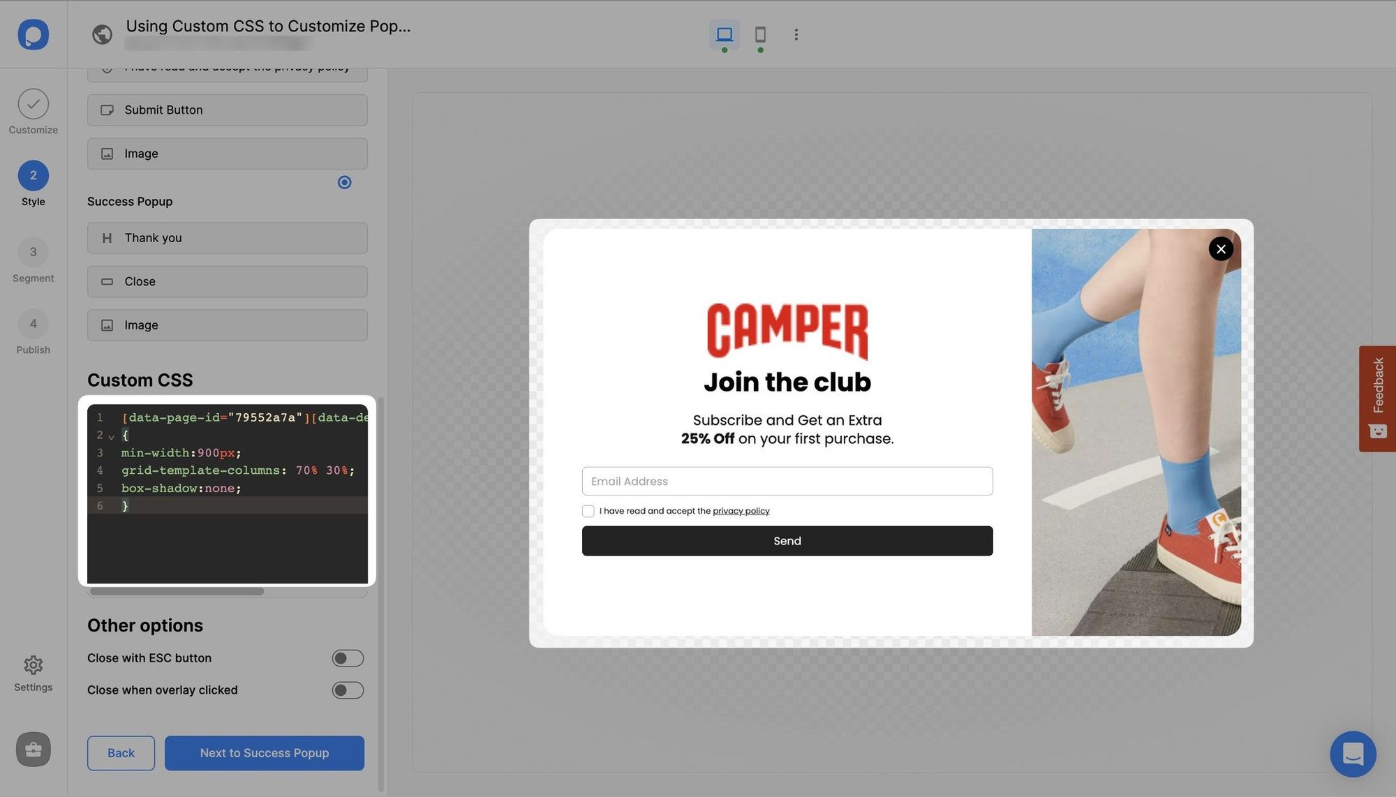 Popupsmart popup oluşturucusunda custom CSS kutusu