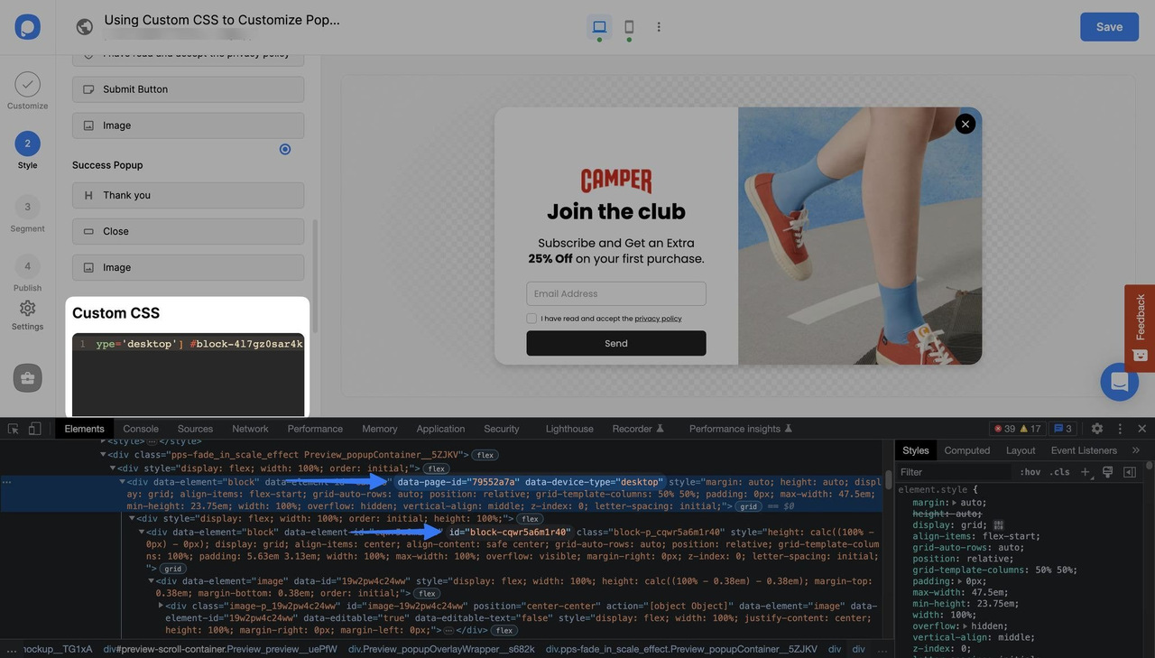 inceleme aracında data-page-id ve block'u gösteren oklar
