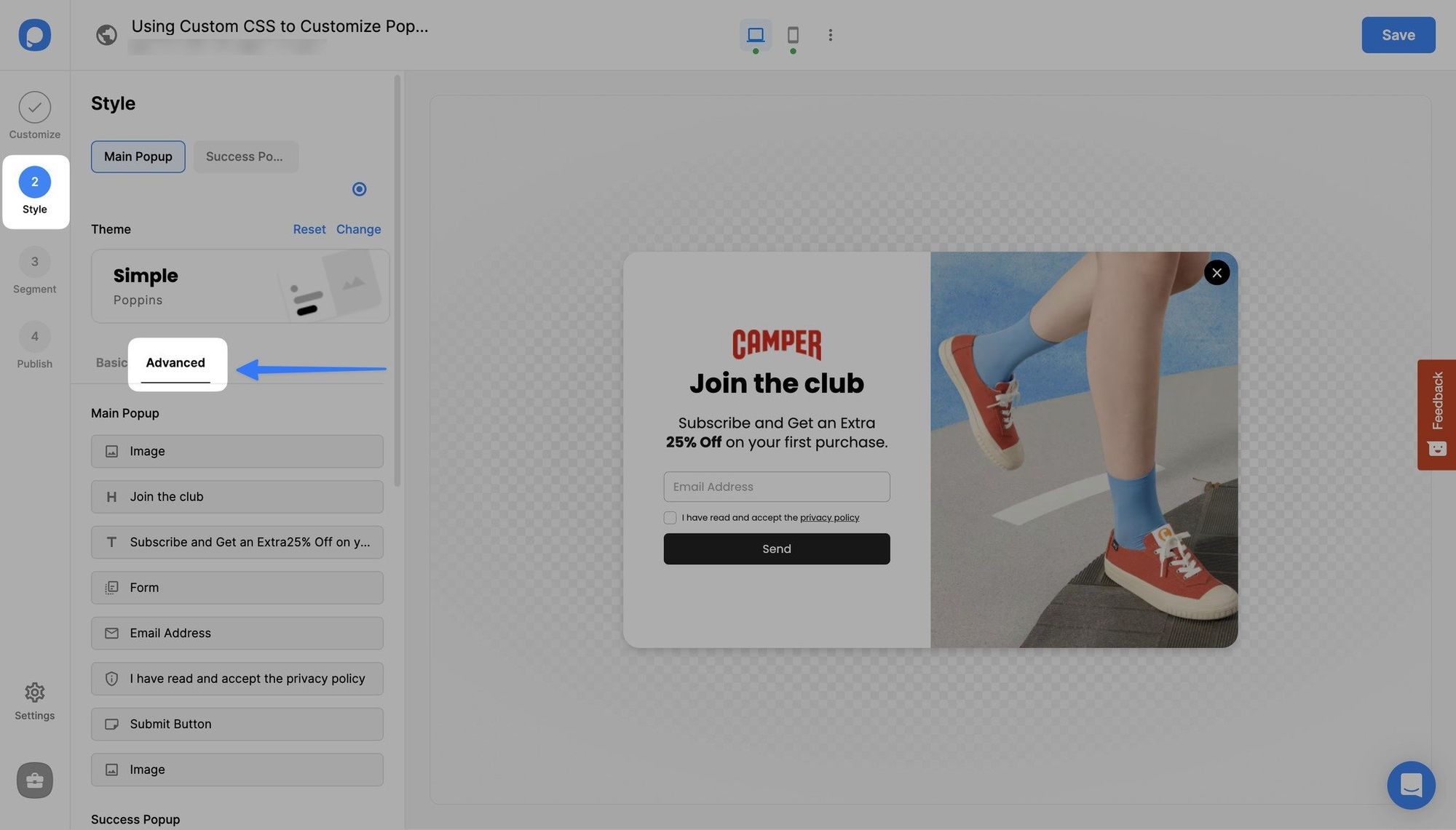 Popupsmart popup oluşturucusunun Stil bölümündeki Gelişmiş sekmesi