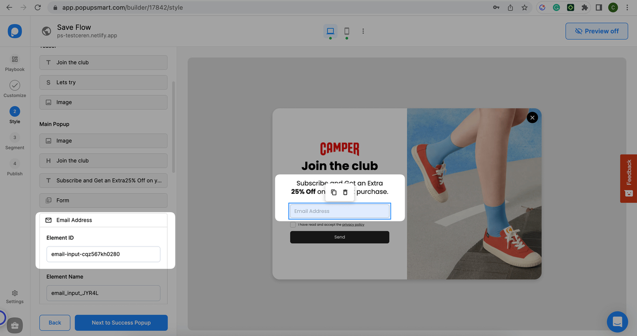 Popupsmart popup oluşturucusunun e-posta adresi elementi