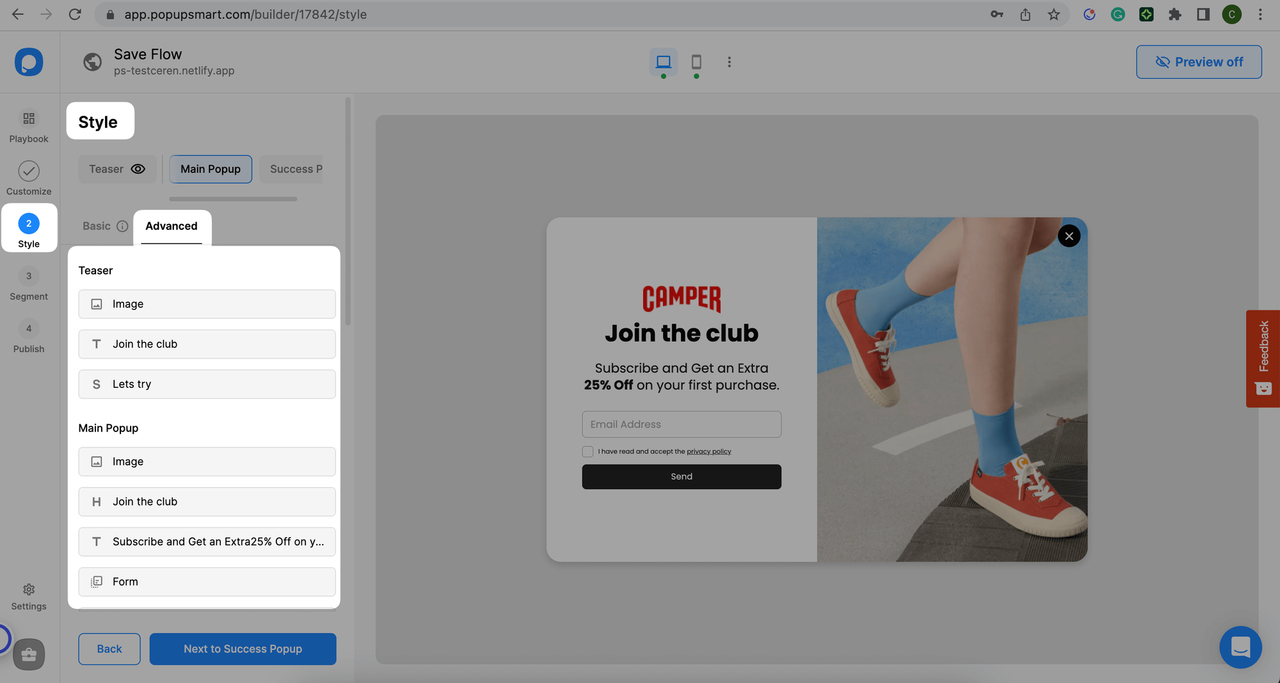 Popupsmart popup oluşturucusunun Stil adımı