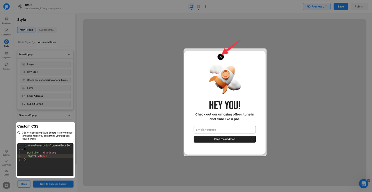 kapatma butonunu popup'ın üstüne konumlandırma