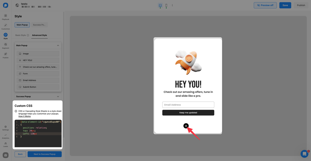 popup'ın kapatma butonunu konumlandırma