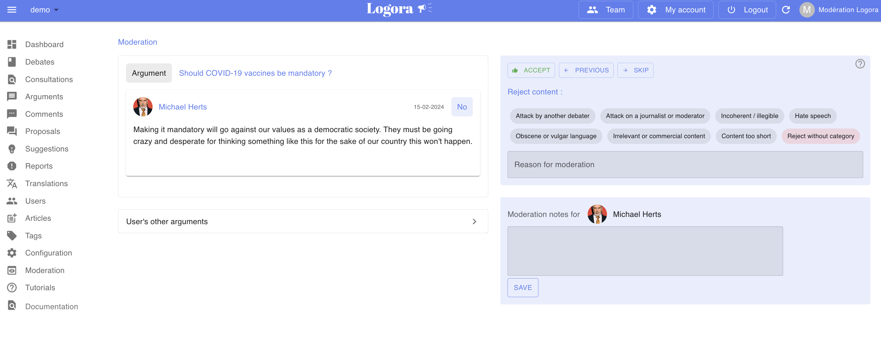 One-click moderation interface of Logora's admin space.