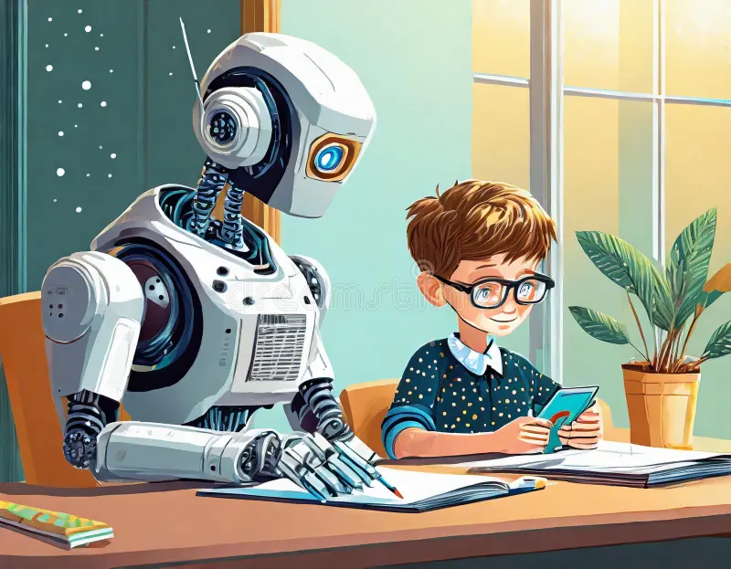 Homeworkify's AI technology represented by a friendly robot assisting a student