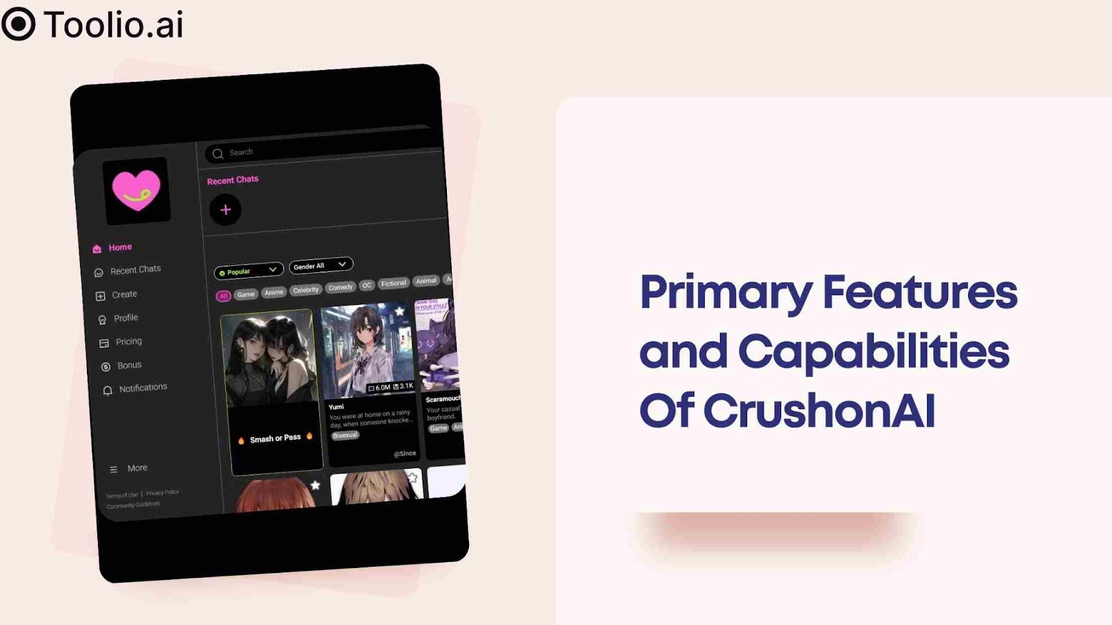 Tablet displaying the CrushonAI interface with various chat options, highlighting the primary features and capabilities of CrushonAI