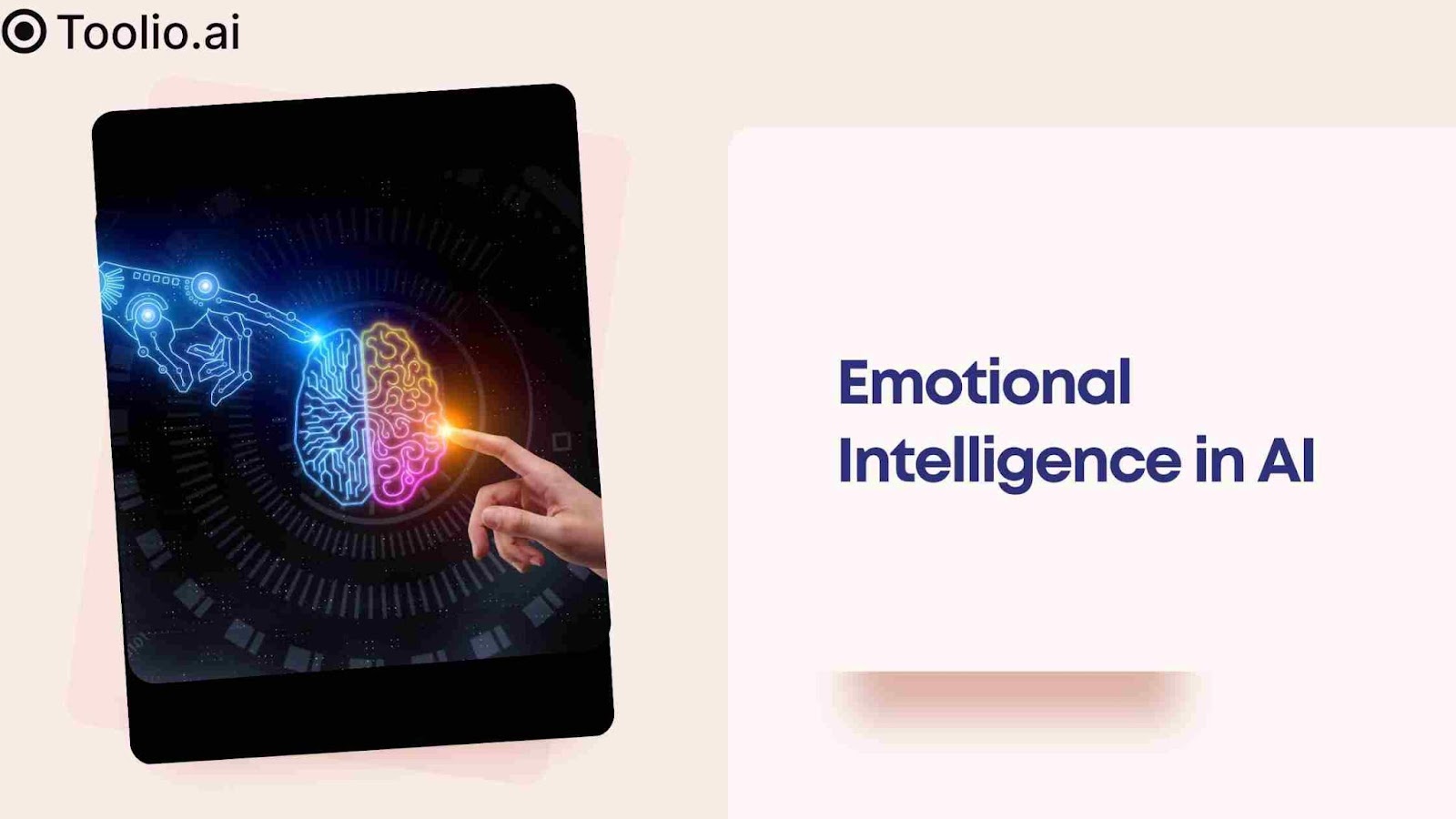Illustration of a robot hand and a human hand touching a brain with the text 'Emotional Intelligence in AI