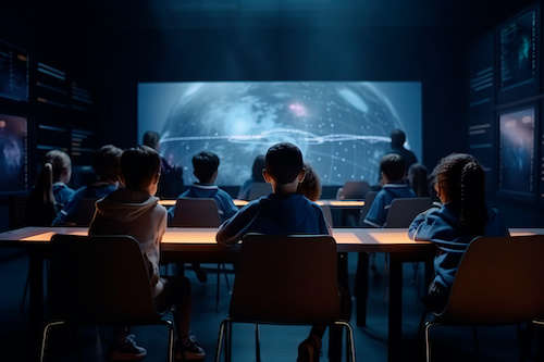 Futuristic classroom with students using digital tablets and AI technology