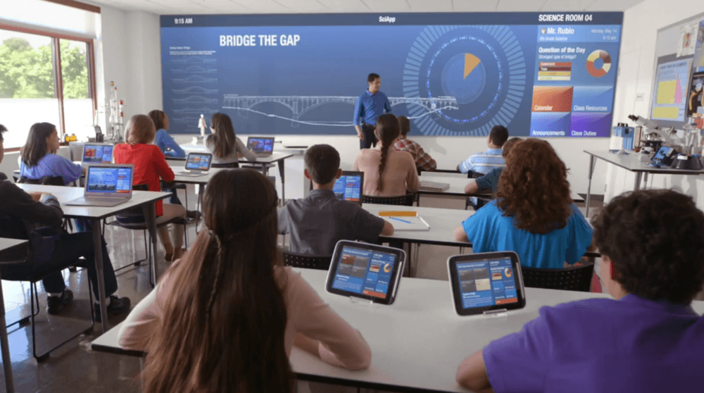 Futuristic classroom with students using digital tablets and AI technology
