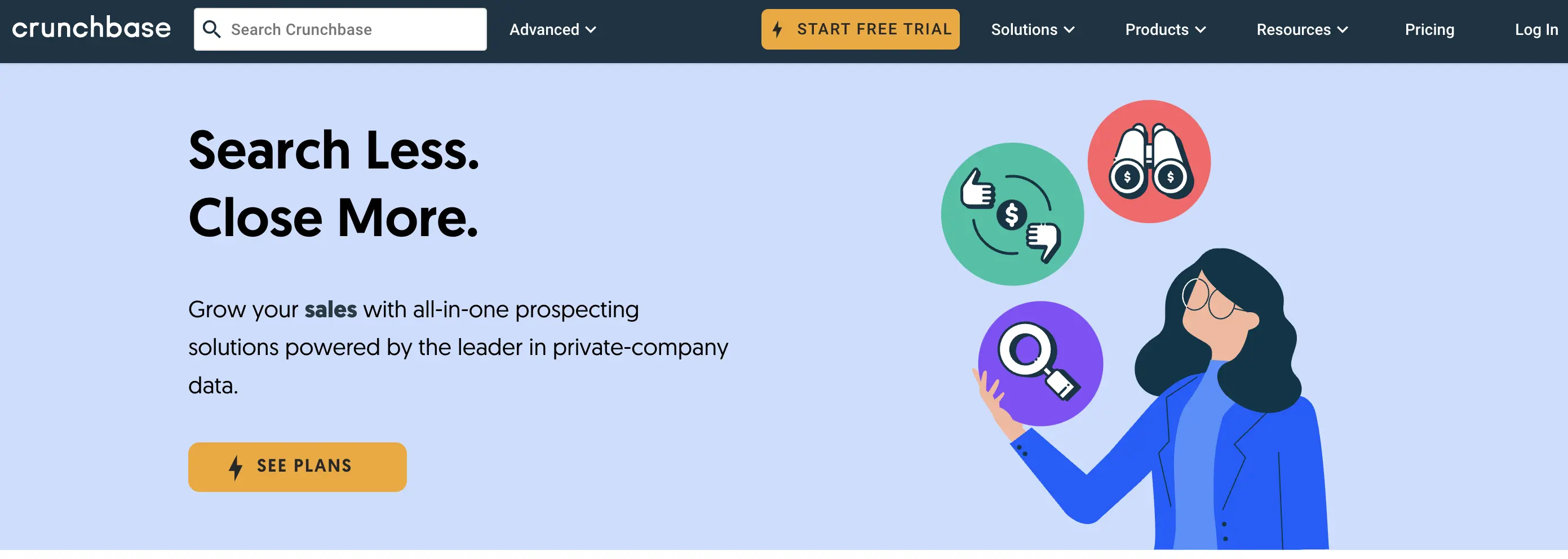 Crunchbase homepage promoting sales solutions and private-company data