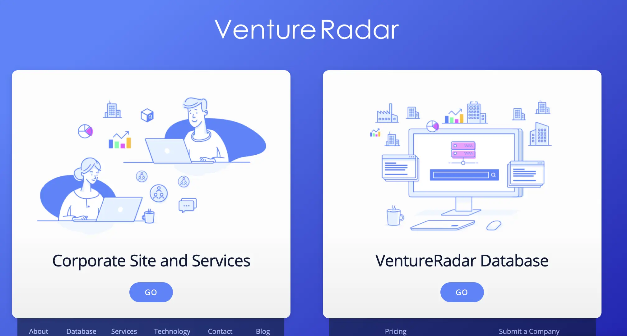 VentureRadar homepage with sections for corporate services and database
