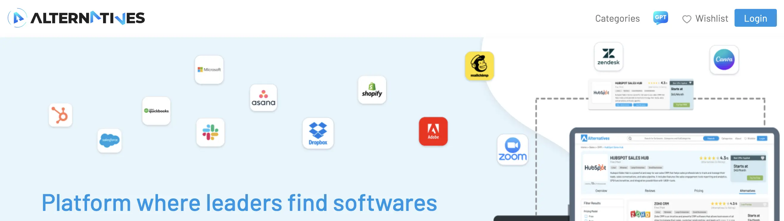 Alternatives.co homepage with popular software and AI tool categories