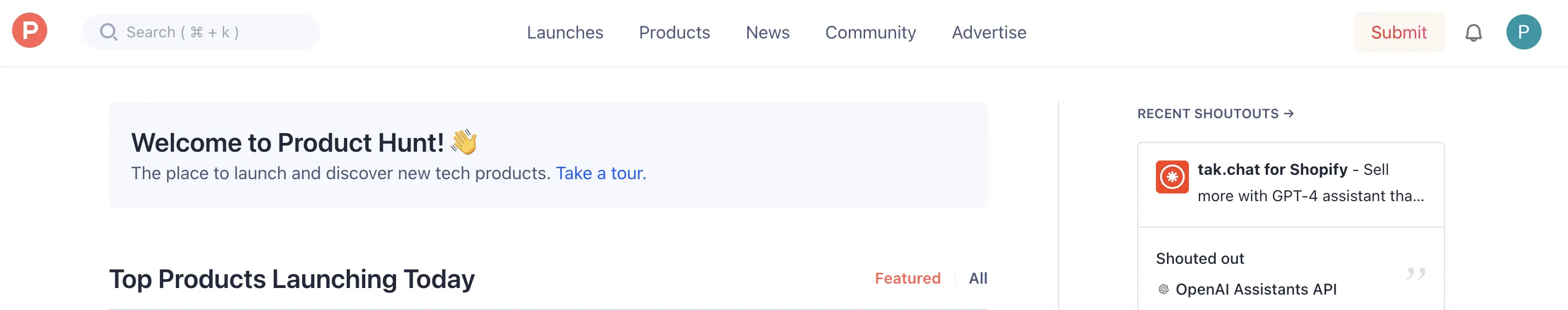 Product Hunt homepage welcoming users to discover and launch new tech products