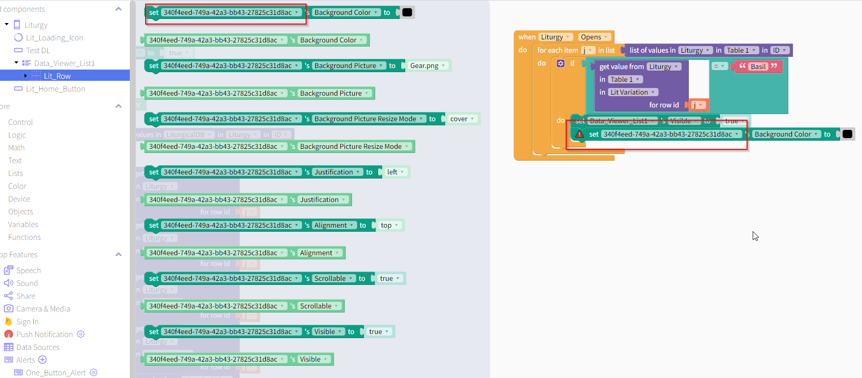 The image shows a screenshot of a project in Thunkable, a platform for creating mobile apps. The visual blocks in the image appear to be part of a Drag and Drop interface, which is a common feature in Thunkable for building apps without coding.