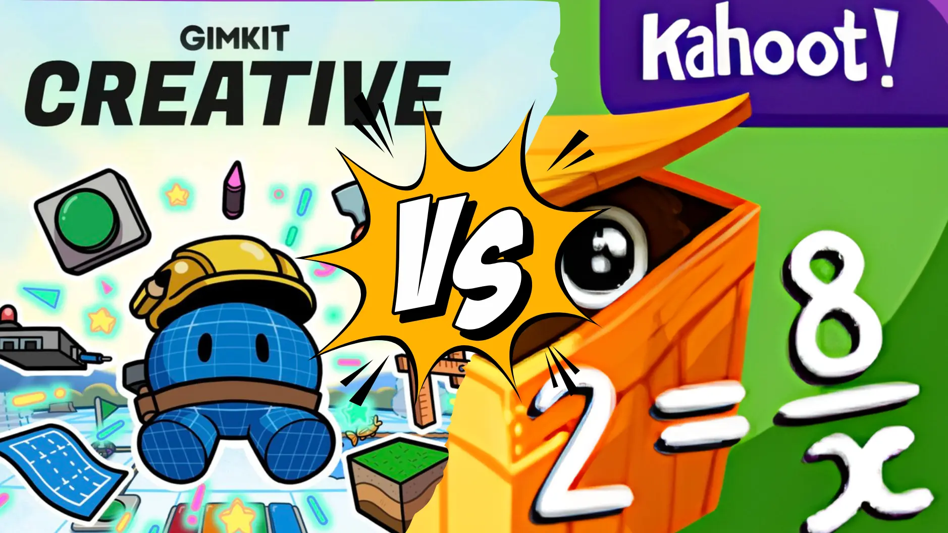 Alt attribute: This image shows a comparison between Gimkit Creative and Kahoot!, featuring a cartoon character in a construction helmet from Gimkit on the left and a character with large eyes and a math equation from Kahoot! on the right.