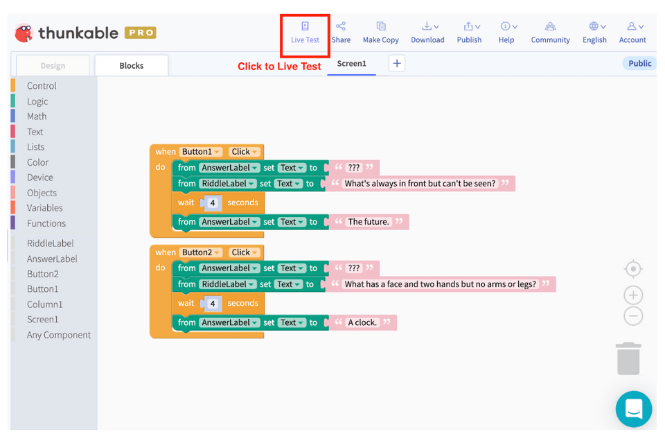 This image shows Thunkable blocks for creating a riddle game with buttons that display questions and answers when clicked.
