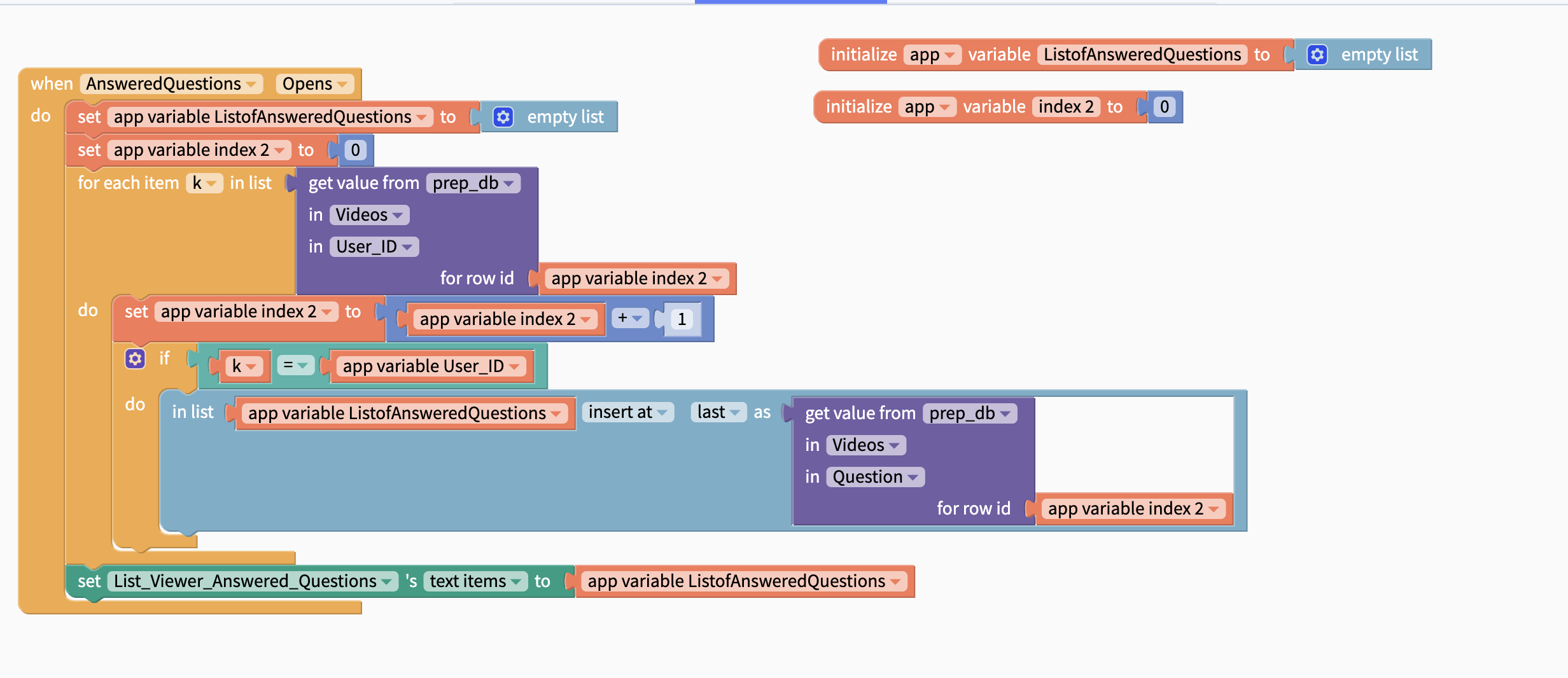 This image shows Thunkable blocks for creating a riddle game with buttons that display questions and answers when clicked.