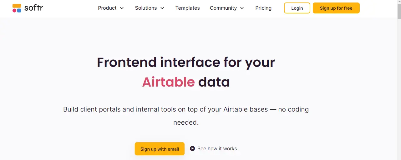 Screenshot showcasing frontend interface for Airtable data in Softr, showcasing how to build client portals and internal tools without coding.