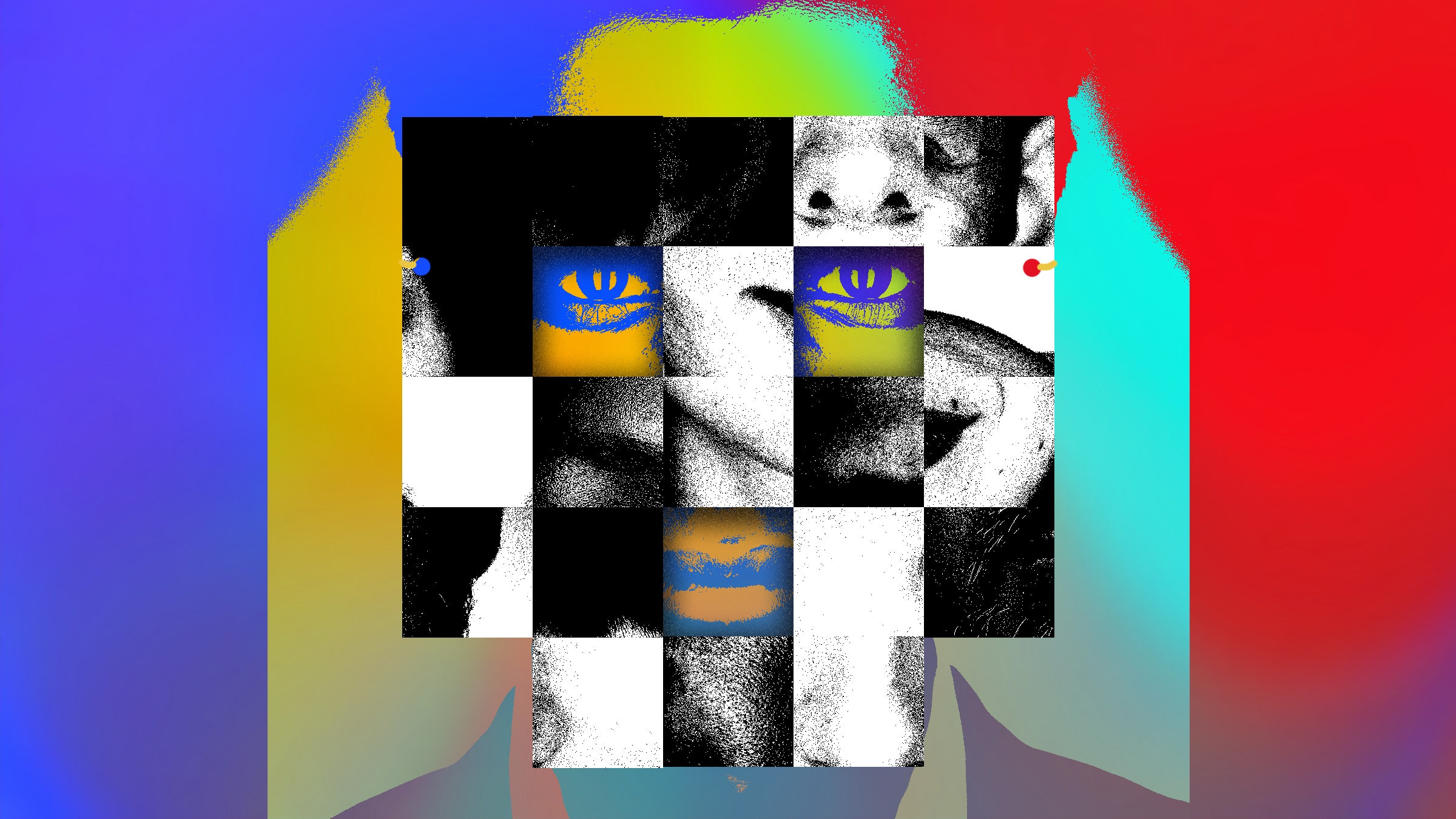 Illustration of person wearing mask made up of many different faces