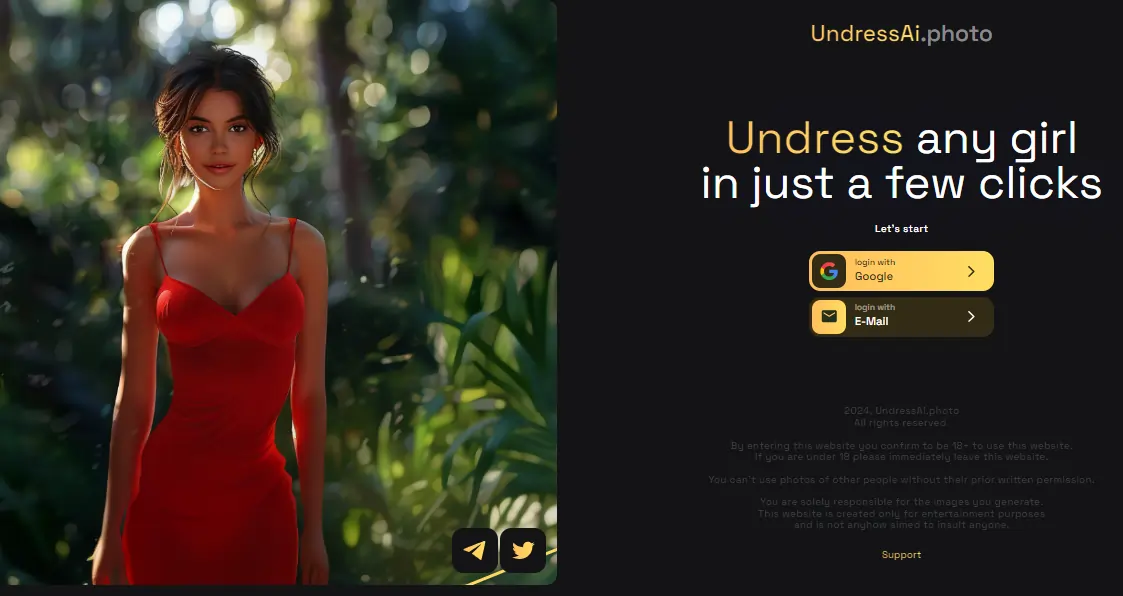 Undress.ai photo platform homepage featuring a woman in a red dress in a natural setting