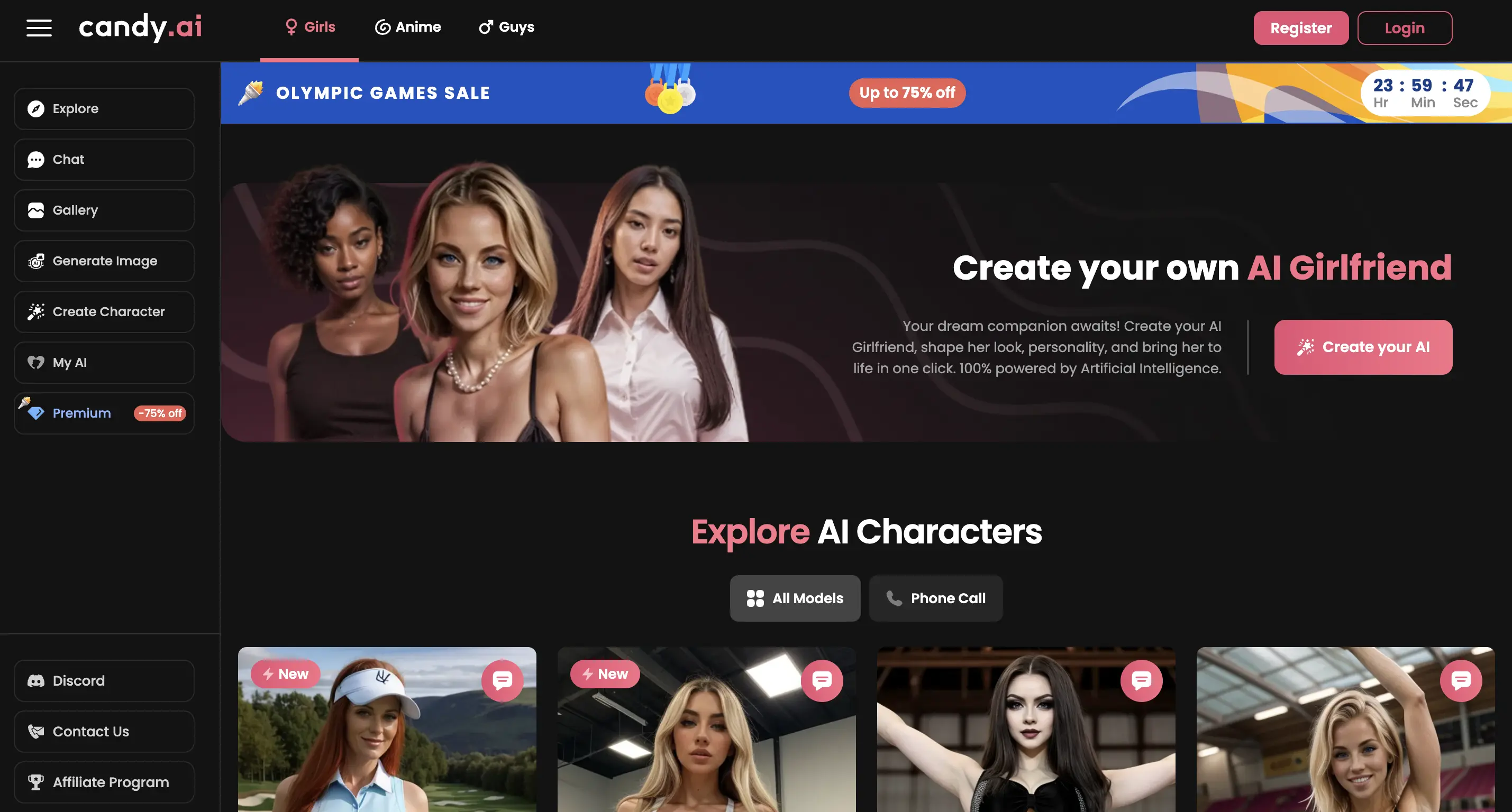 Candy AI homepage showcasing the option to interact and create characters with AI