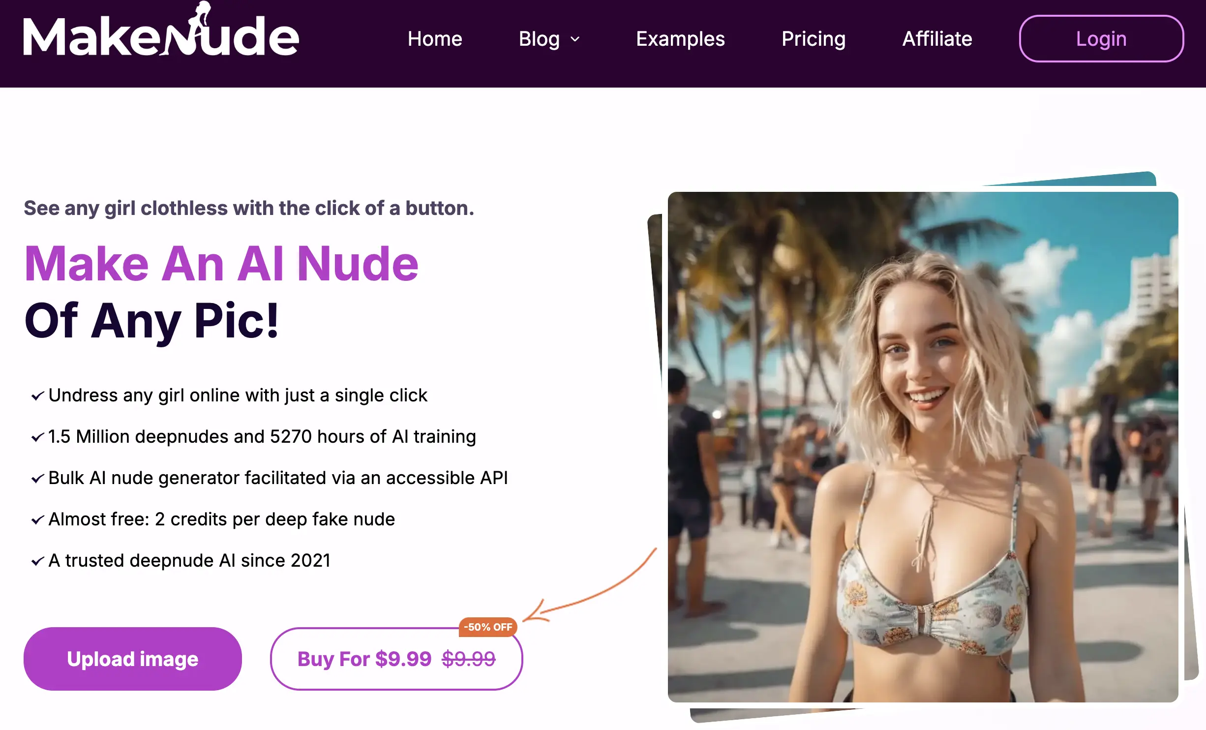 MakeNude promotional page with a discount offer, featuring a joyful woman on a beach scene