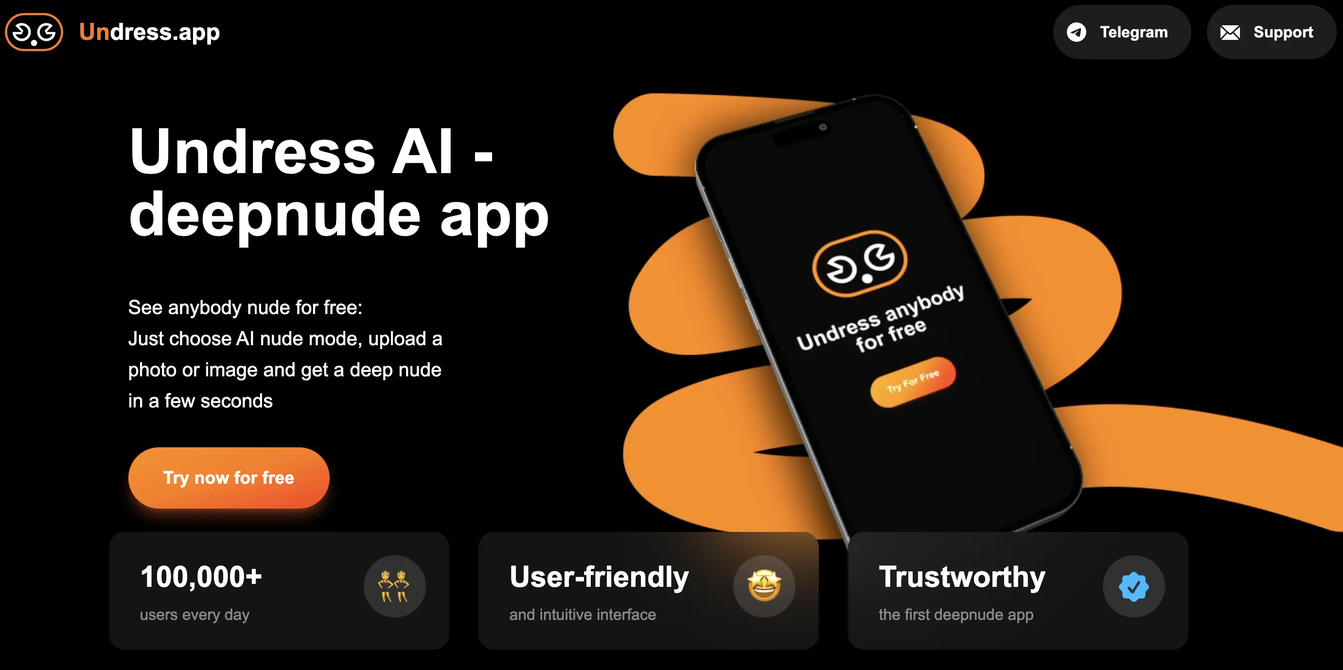 Undress.app homepage highlighting its capability to undress images with AI for free