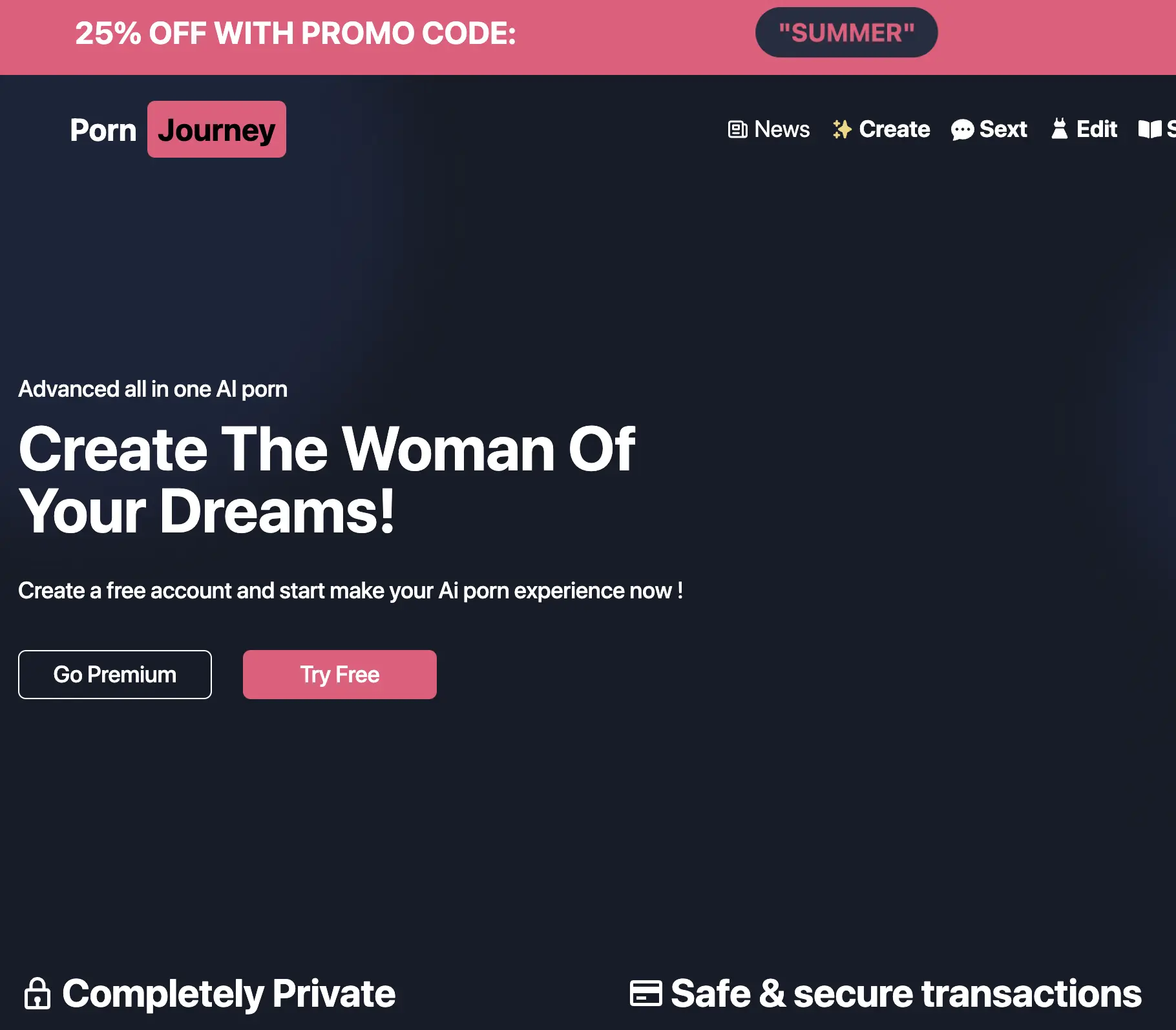 PornJourney promotional page emphasizing custom AI porn creation with privacy and security