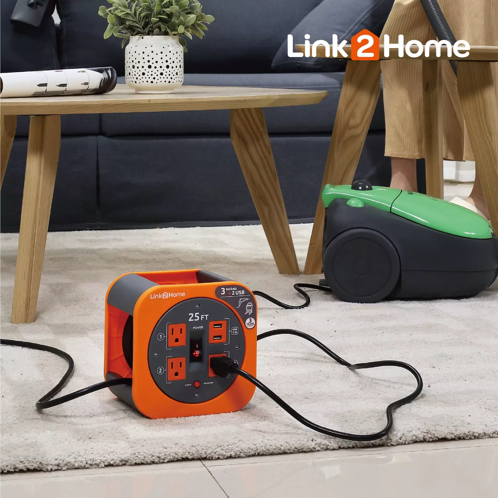 2-Pack 25 Ft Heavy Duty Orange Grounded Extension Cords - Indoor/Outdoor, 3 Prong (BN-525)