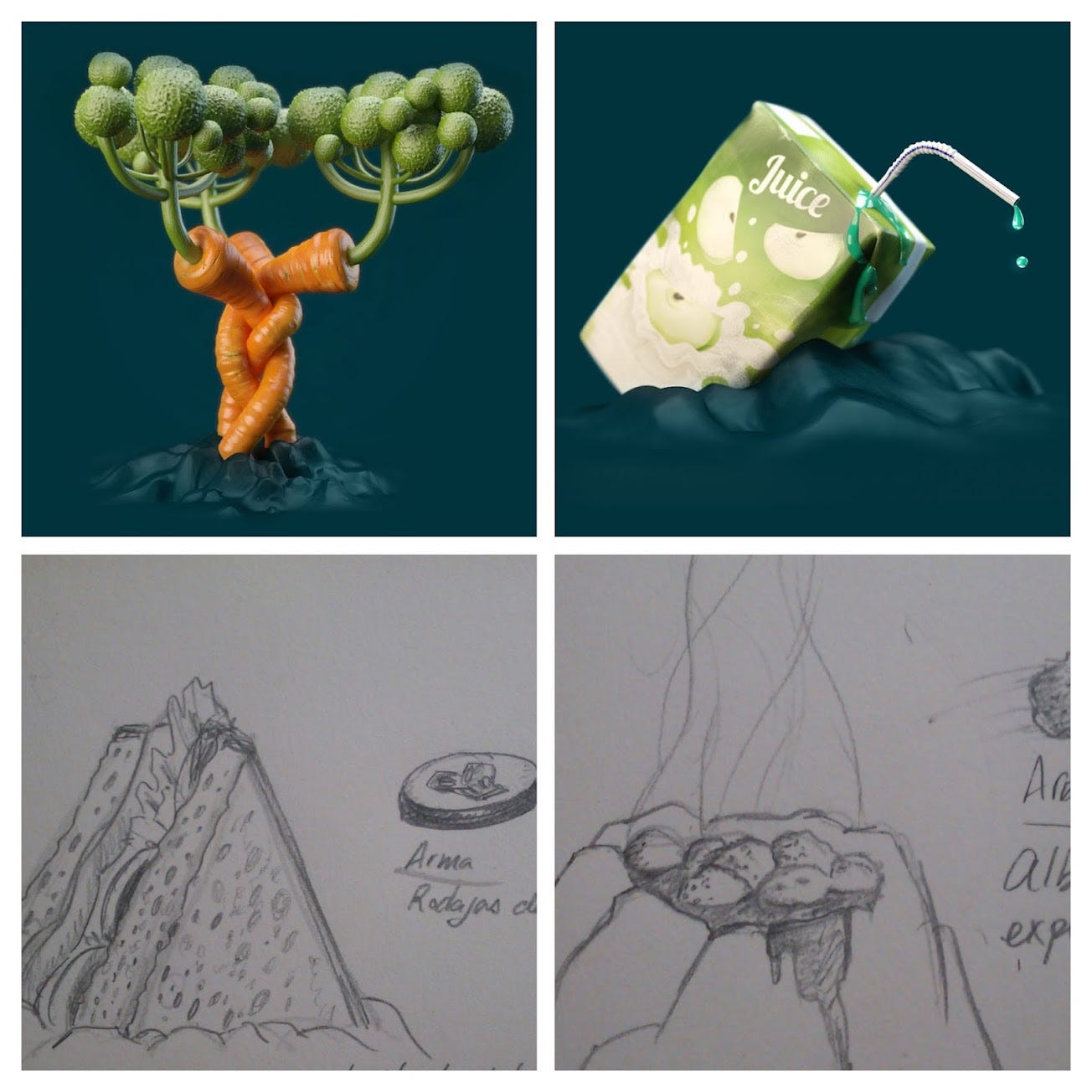 Arte conceptual de edificios de comida y armas de Lunch Box Worlds