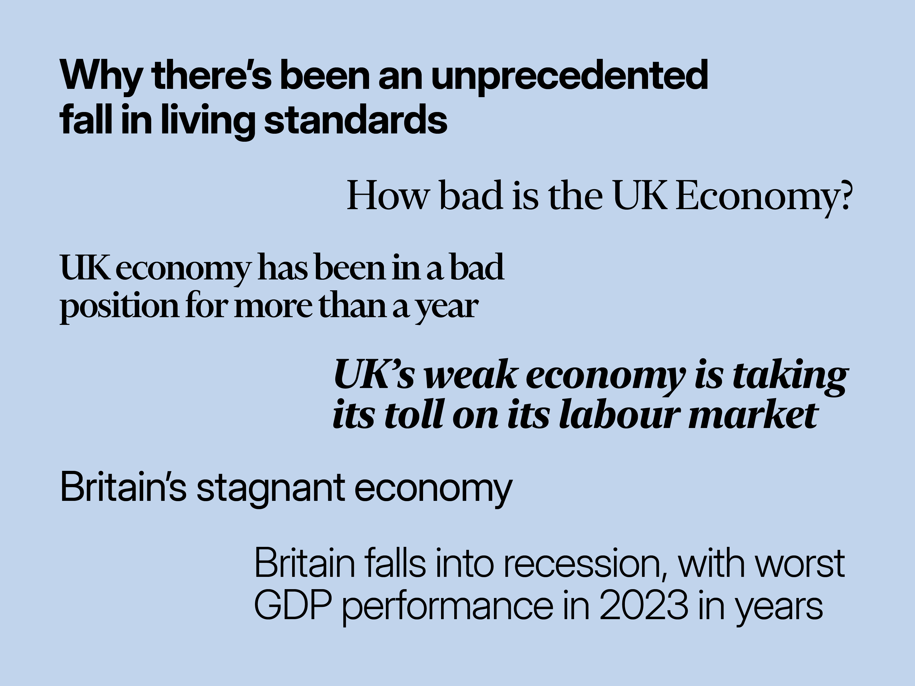 Headlines including "why there's been an unprecedented fall in living standards", "how bad is the UK economy?", "UK economy has been in a bad position for more than a year", "UK's weak economy is taking its toll on its labour market"