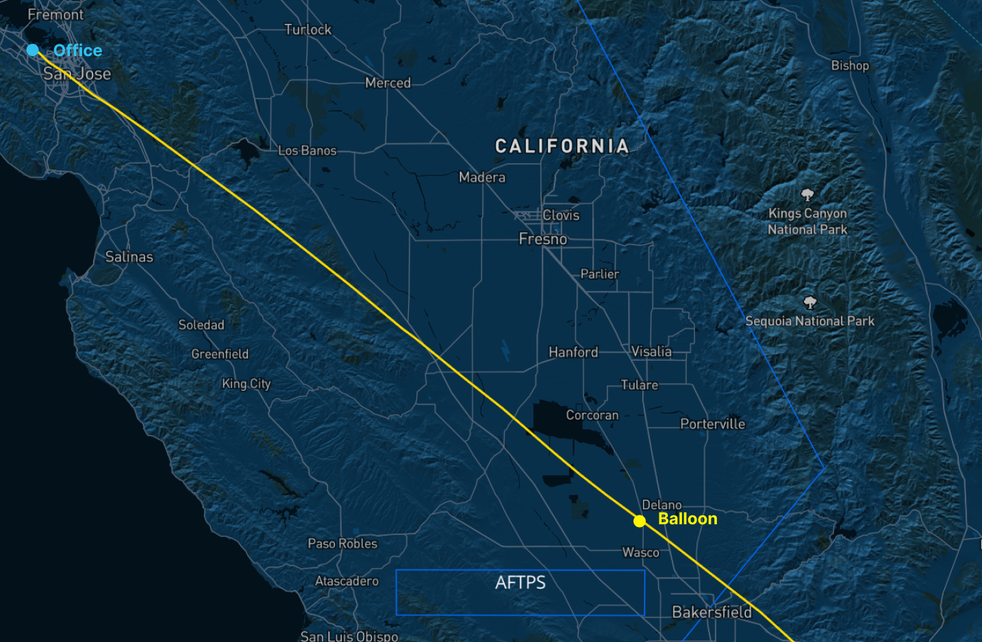 The flight path in yellow and location of the balloon when it sent the last message that was received at the office