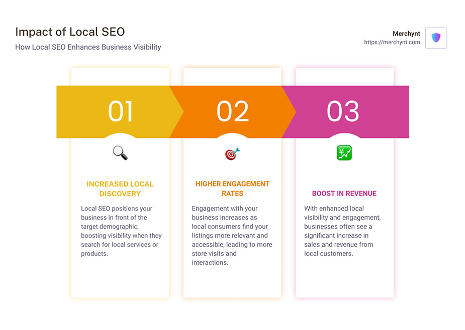 Detailed infographic showing the impact of local SEO on consumer visits and overall business growth, highlighting significant Google statistics such as a 200% increase in 'near me' searches - local seo marketing infographic pillar-3-steps